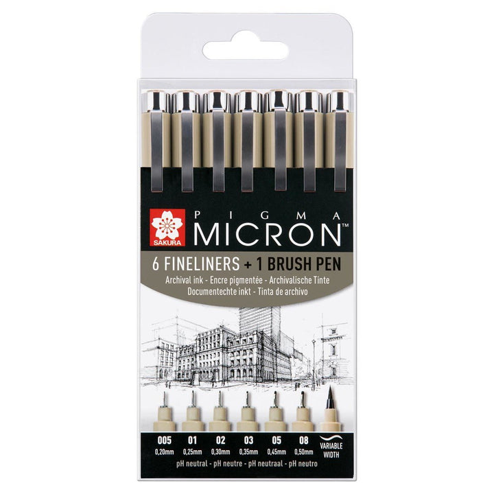 Sakura Pigma Micron fineliner set | 6 sizes + 1 Pigma Brush, black - The Fine Art Warehouse
