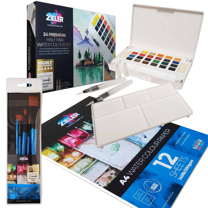 Watercolour Starter Art Gift Set – by Zieler | Contains: 24 Watercolour Half Pan Set, A4 Watercolour Pad & 5 Premium Watercolour Brushes - The Fine Art Warehouse