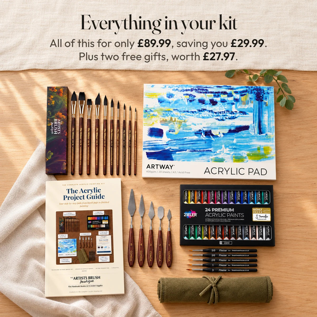 Everything in your kit: 10 Milano brushes, 24 paints, an A3 pad, 5 palette knives and your guide. All of this for only £89.99, saving you £29.99. Plus two free gifts, worth £27.97.