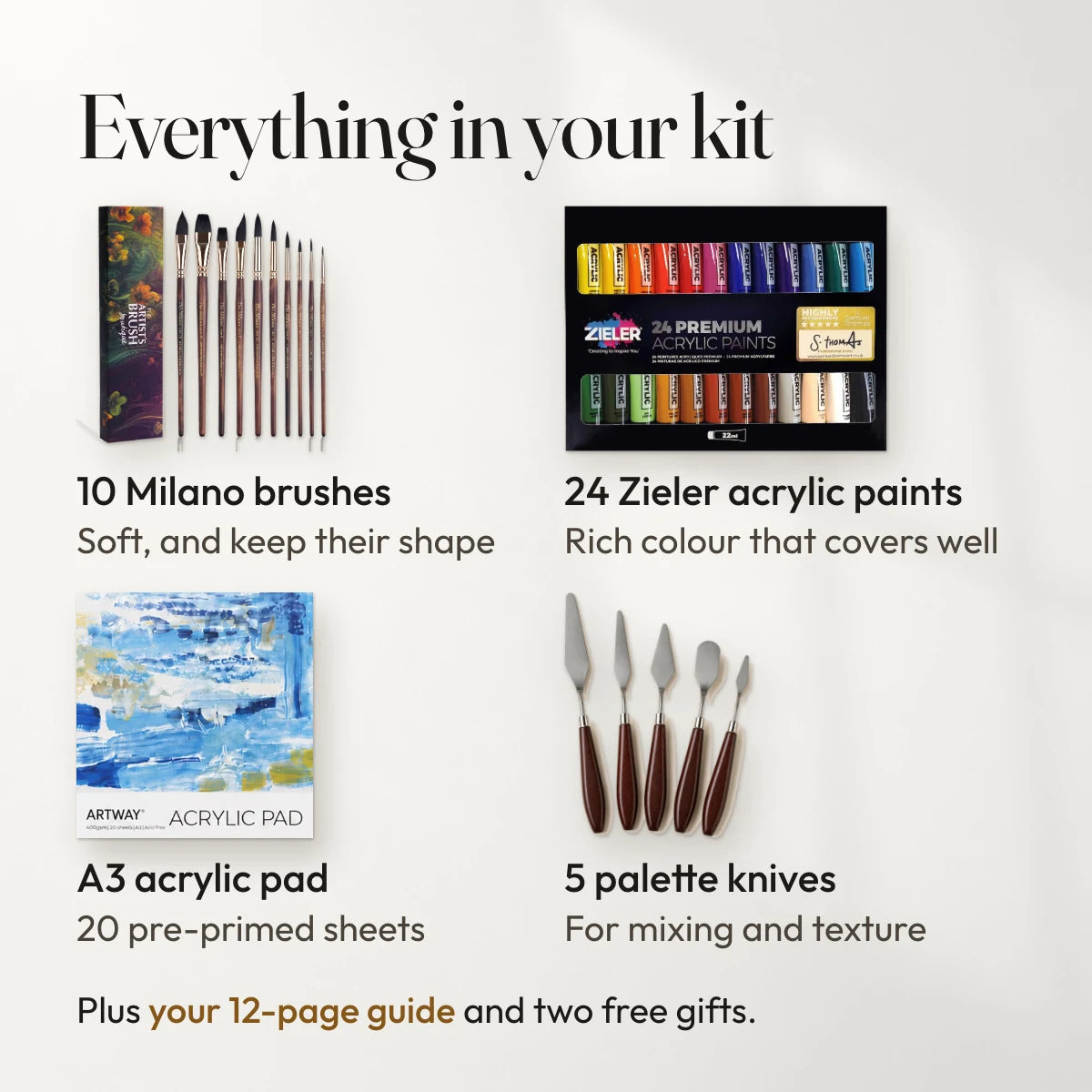 Everything in your kit: 10 Milano brushes, soft, and keep their shape; 24 Zieler acrylic paints, rich colour that covers well; A3 acrylic pad, 20 pre-primed sheets; 5 palette knives, for mixing and texture. Plus your 12-page guide and two free gifts.