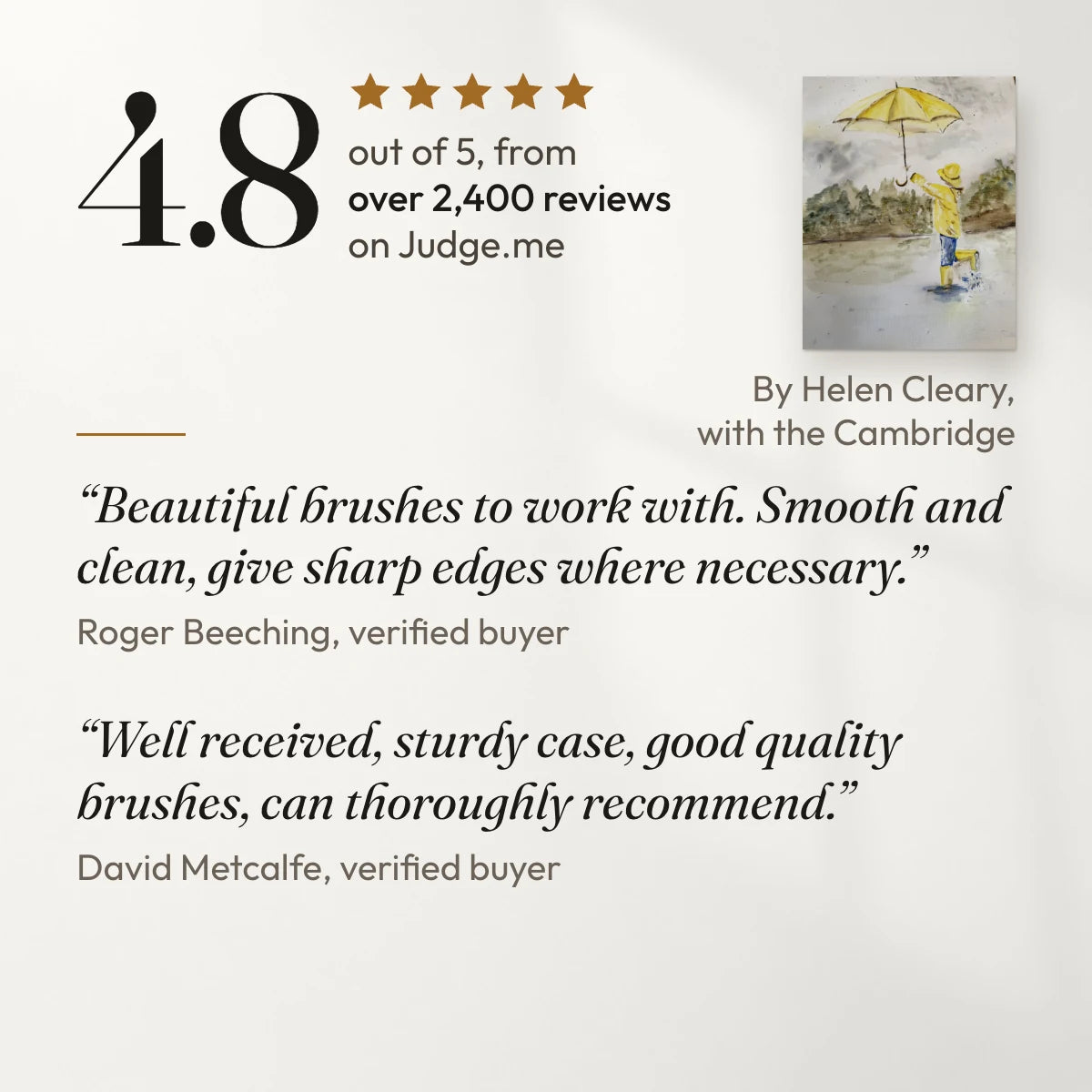 4.8 out of 5 from over 2,400 reviews on Judge.me. “Beautiful brushes to work with. Smooth and clean, give sharp edges where necessary.” Roger Beeching, verified buyer. “Well received, sturdy case, good quality brushes, can thoroughly recommend.” David Metcalfe, verified buyer. With a painting by Helen Cleary, a customer, made with the Cambridge.
