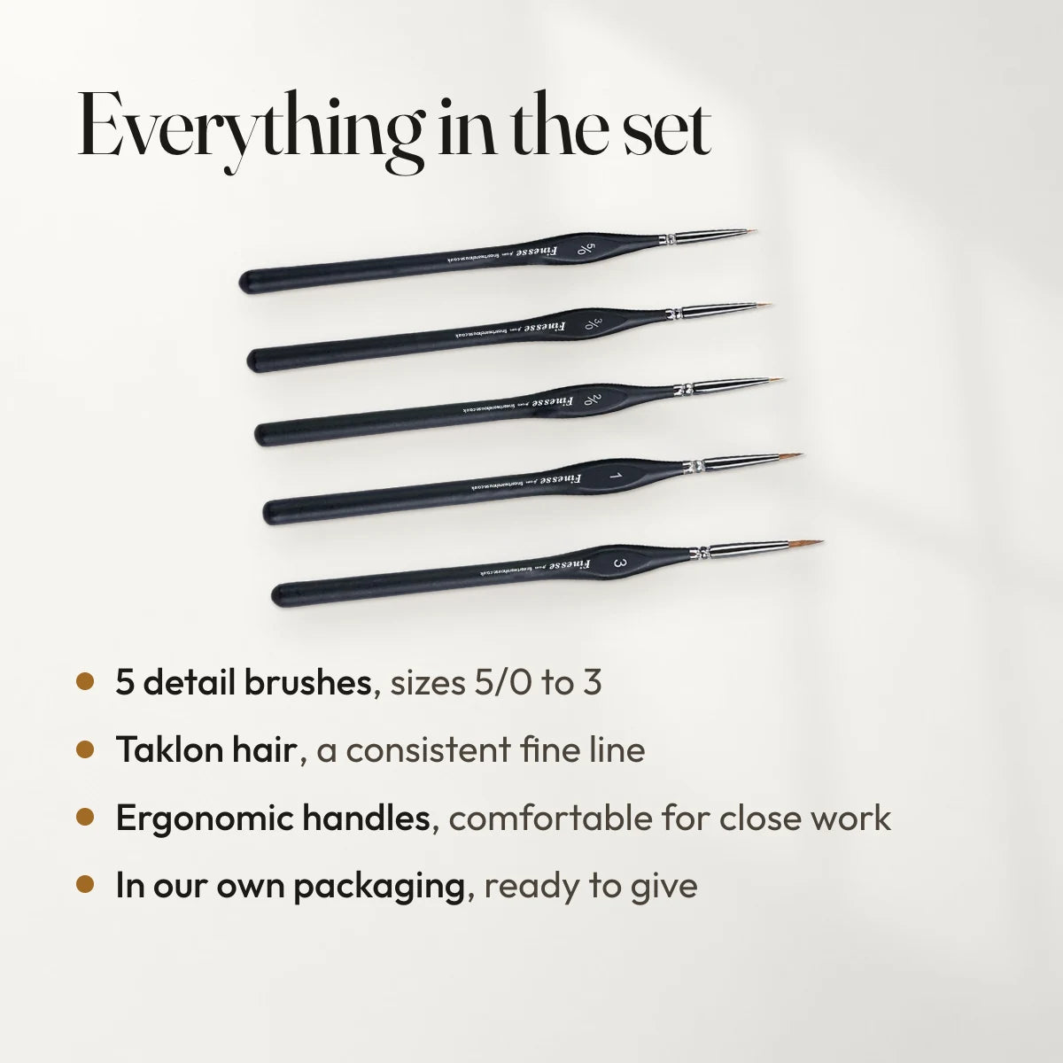 Everything in the set: 5 detail brushes, sizes 5/0 to 3; Taklon hair, a consistent fine line; Ergonomic handles, comfortable for close work; In our own packaging, ready to give.