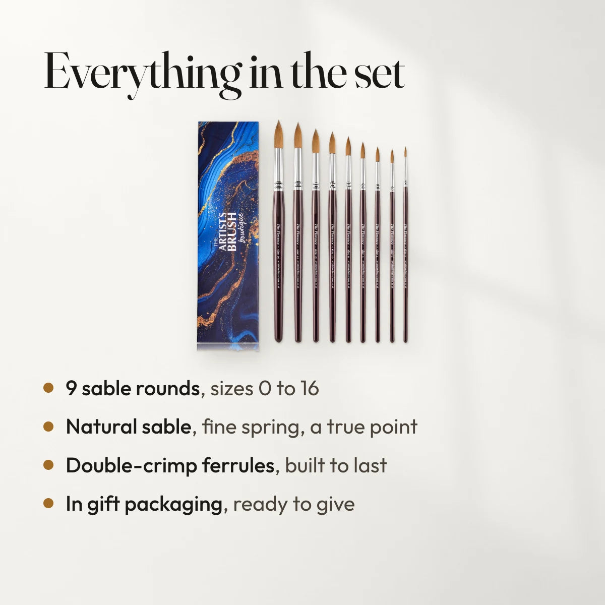 Everything in the set: 9 sable rounds, sizes 0 to 16; Natural sable, fine spring, a true point; Double-crimp ferrules, built to last; In gift packaging, ready to give.