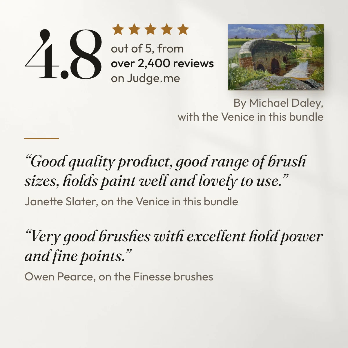 4.8 out of 5 from over 2,400 reviews on Judge.me. “Good quality product, good range of brush sizes, holds paint well and lovely to use.” Janette Slater, on the Venice in this bundle. “Very good brushes with excellent hold power and fine points.” Owen Pearce, on the Finesse brushes. With a painting by Michael Daley, a customer, made with the Venice in this bundle.