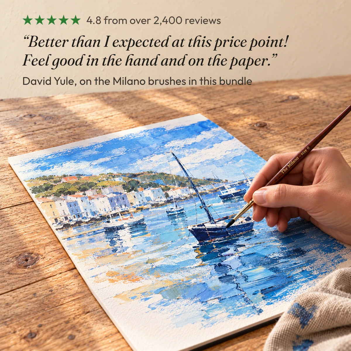 4.8 from over 2,400 reviews. “Better than I expected at this price point! Feel good in the hand and on the paper.” David Yule, on the Milano brushes in this bundle.