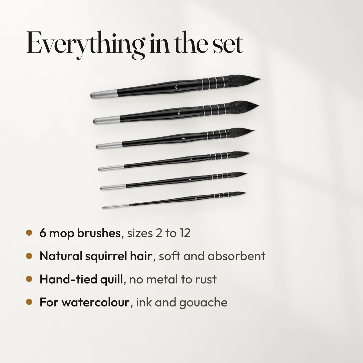 Everything in the set: 6 mop brushes, sizes 2 to 12; Natural squirrel hair, soft and absorbent; Hand-tied quill, no metal to rust; For watercolour, ink and gouache.