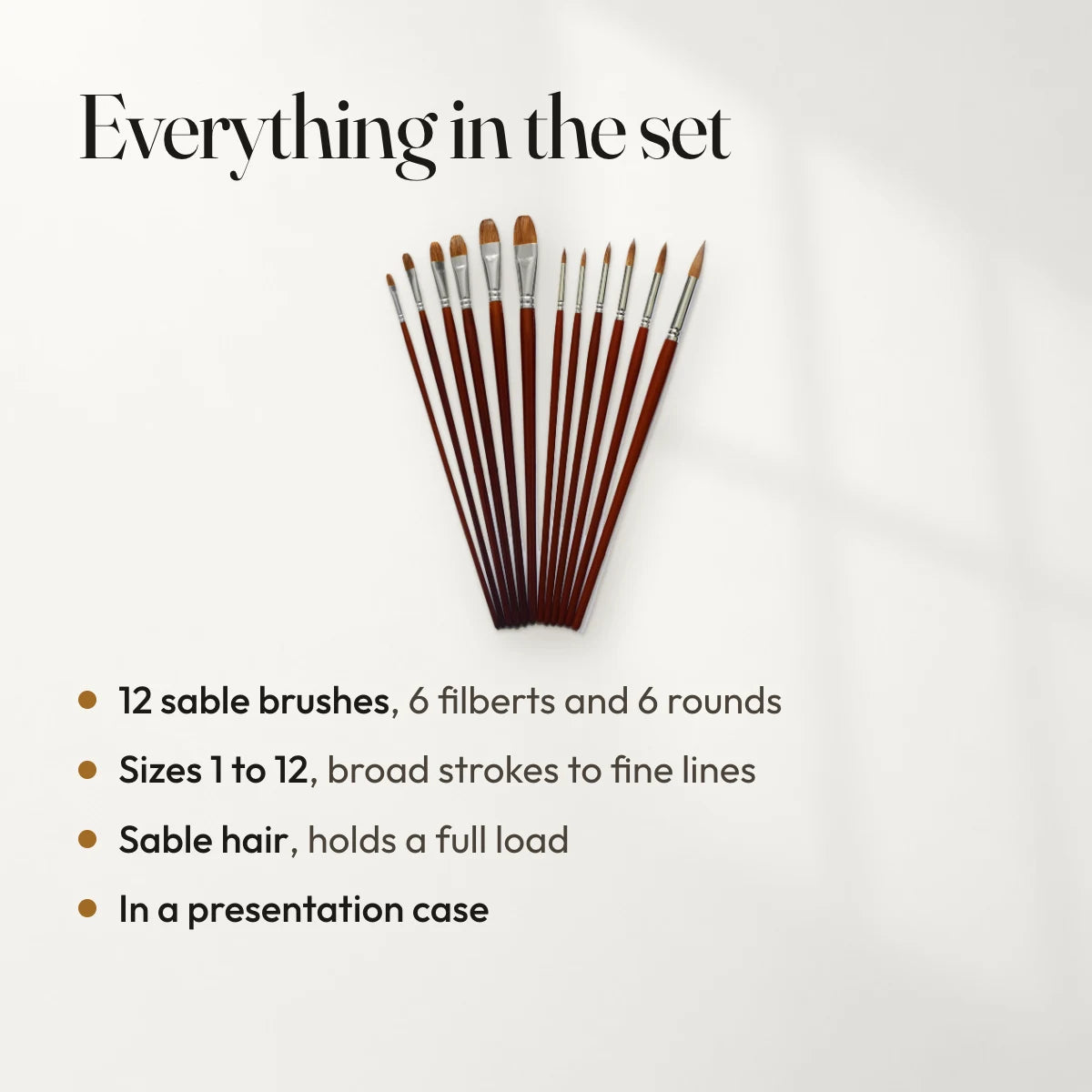 Everything in the set: 12 sable brushes, 6 filberts and 6 rounds; Sizes 1 to 12, broad strokes to fine lines; Sable hair, holds a full load; In a presentation case.