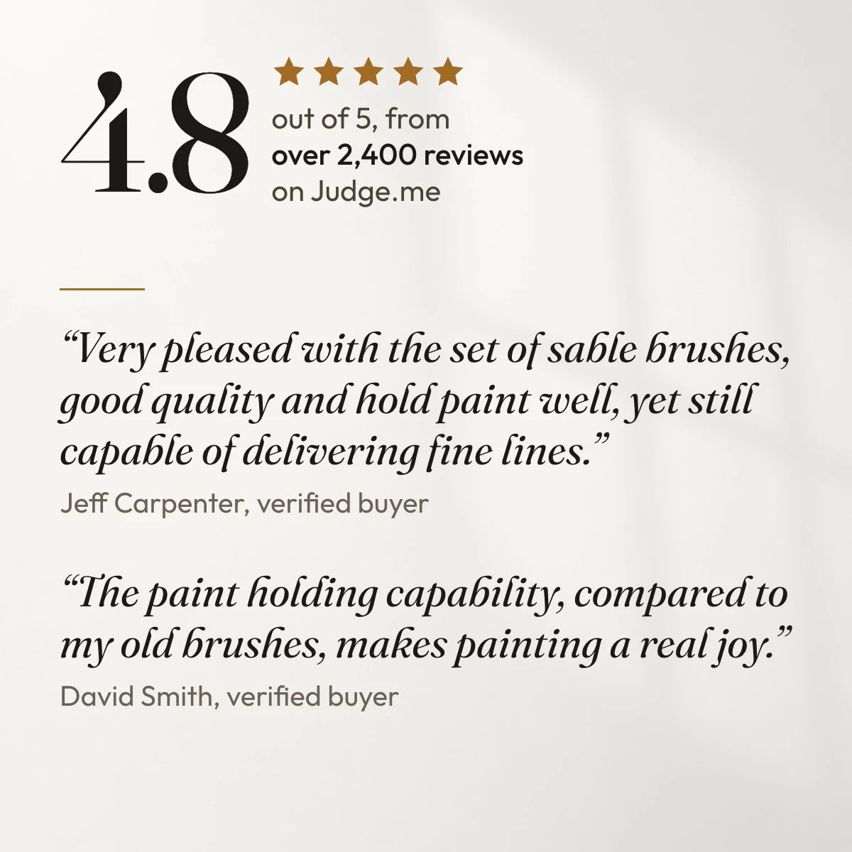 4.8 out of 5 from over 2,400 reviews on Judge.me. “Very pleased with the set of sable brushes, good quality and hold paint well, yet still capable of delivering fine lines.” Jeff Carpenter, verified buyer. “The paint holding capability, compared to my old brushes, makes painting a real joy.” David Smith, verified buyer.