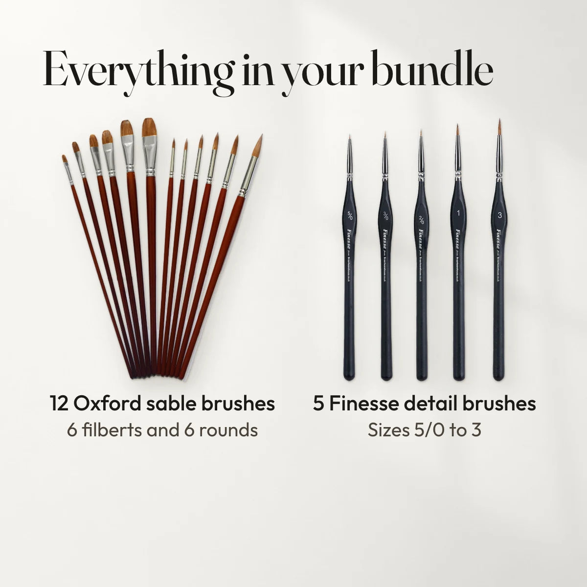 Everything in your bundle: 12 Oxford sable brushes, 6 filberts and 6 rounds; 5 Finesse detail brushes, sizes 5/0 to 3.