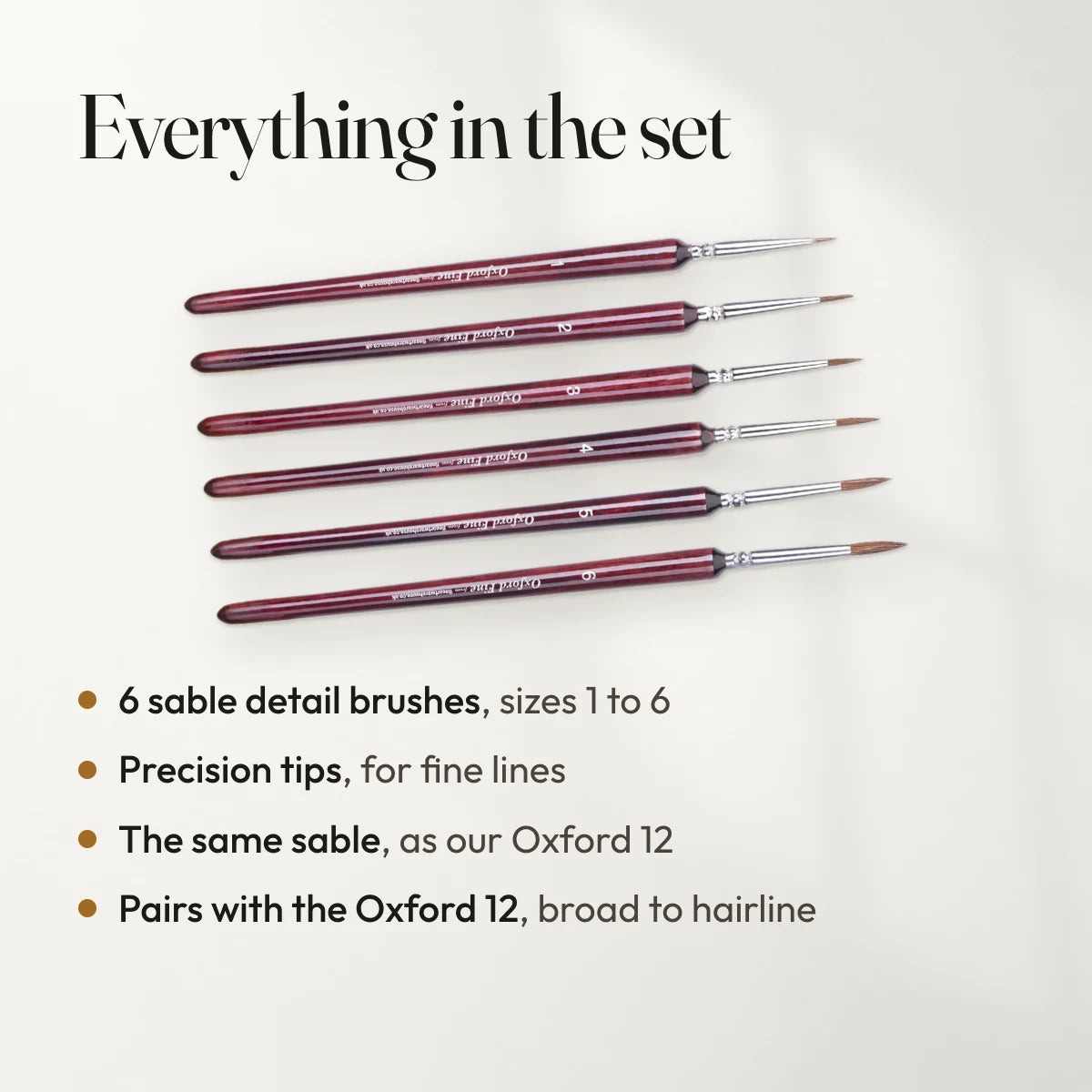 Everything in the set: 6 sable detail brushes, sizes 1 to 6; Precision tips, for fine lines; The same sable, as our Oxford 12; Pairs with the Oxford 12, broad to hairline.