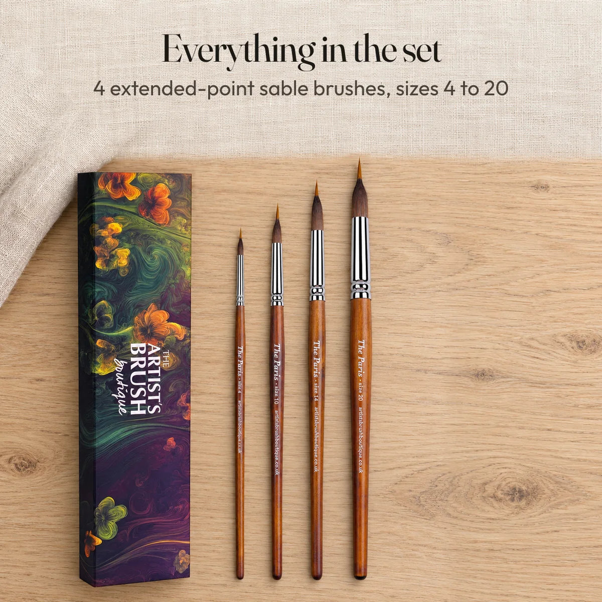 Everything in the set: 4 extended-point sable brushes, sizes 4 to 20.