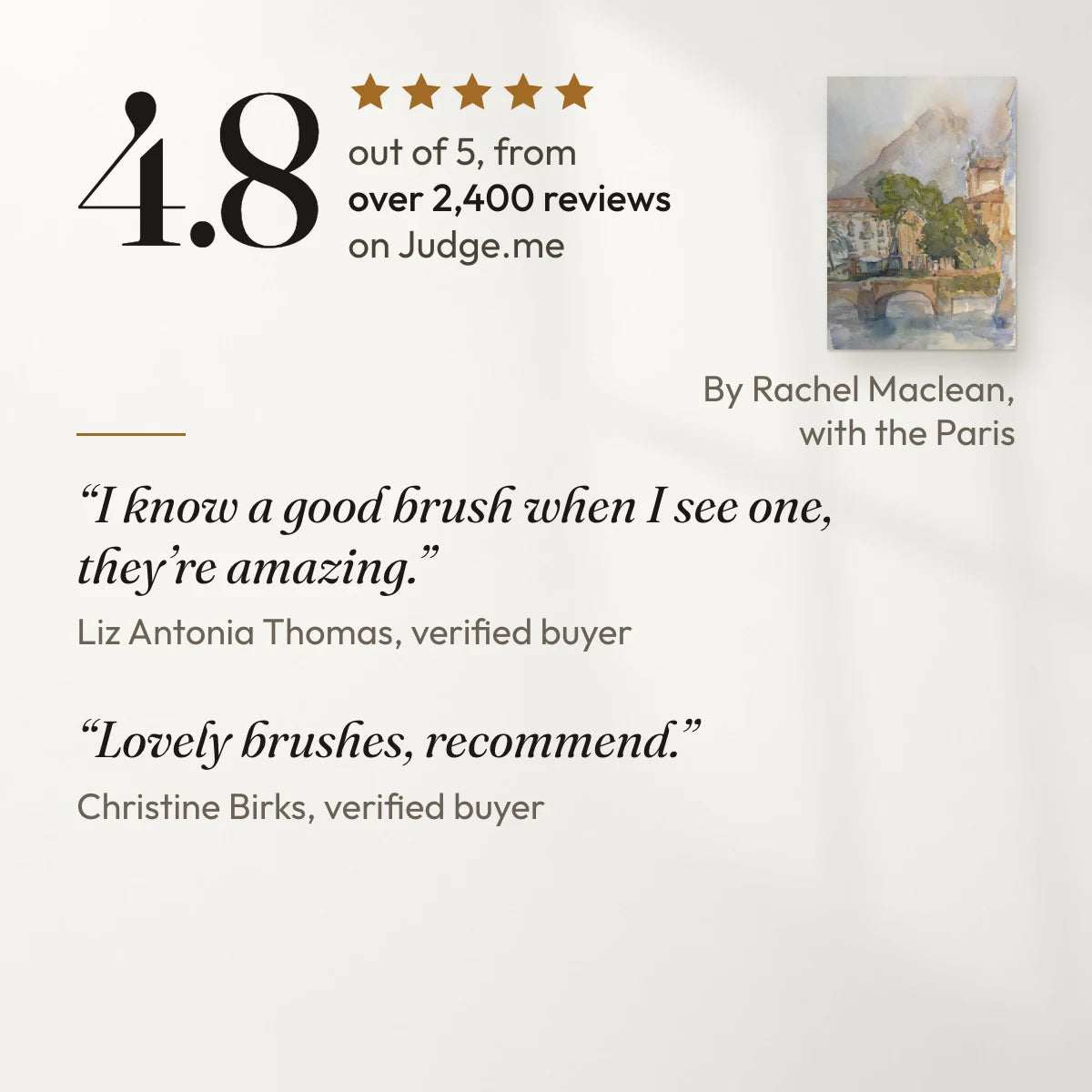 4.8 out of 5 from over 2,400 reviews on Judge.me. “I know a good brush when I see one, they’re amazing.” Liz Antonia Thomas, verified buyer. “Lovely brushes, recommend.” Christine Birks, verified buyer. With a painting by Rachel Maclean, a customer, made with the Paris.