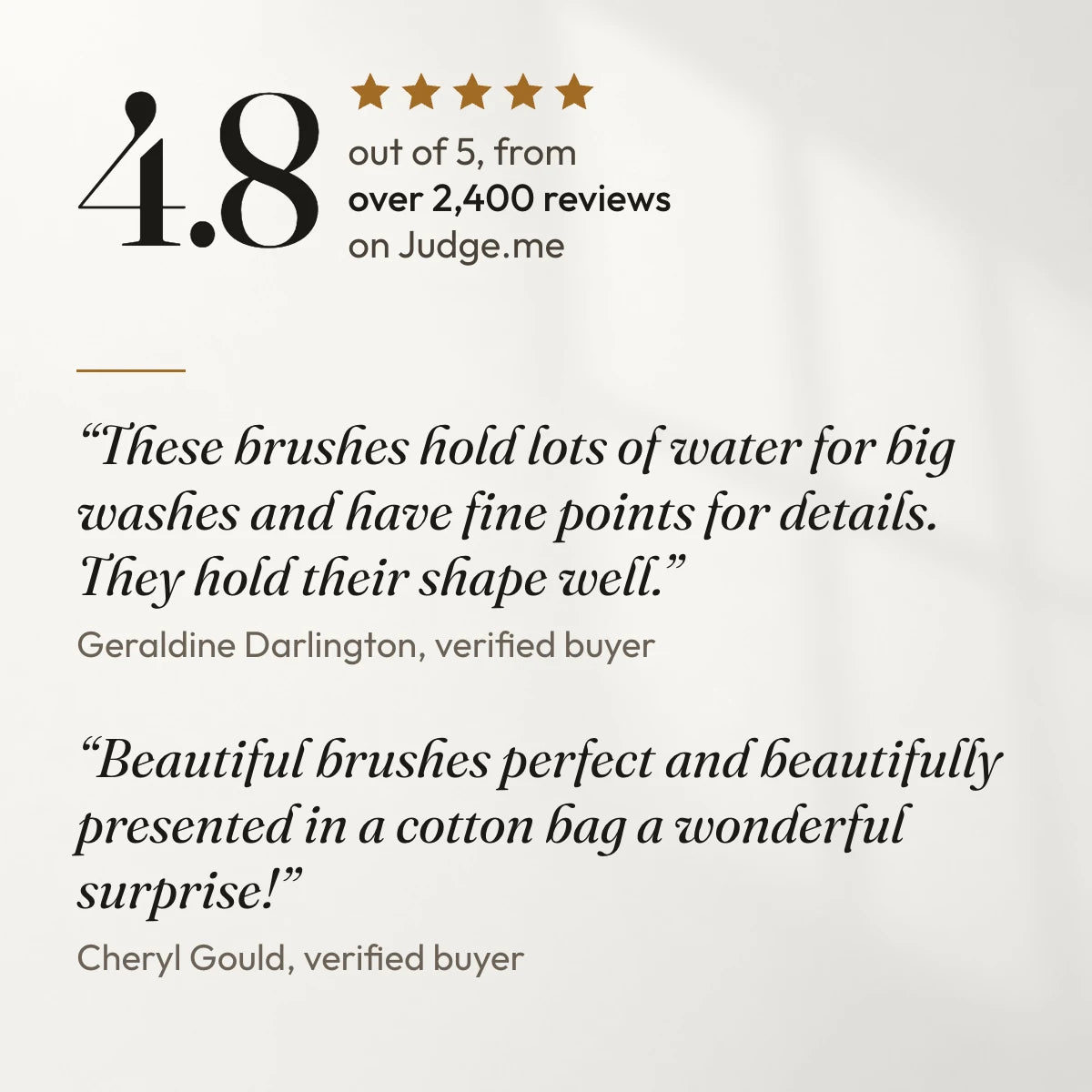 4.8 out of 5 from over 2,400 reviews on Judge.me. “These brushes hold lots of water for big washes and have fine points for details. They hold their shape well.” Geraldine Darlington, verified buyer. “Beautiful brushes perfect and beautifully presented in a cotton bag a wonderful surprise!” Cheryl Gould, verified buyer.