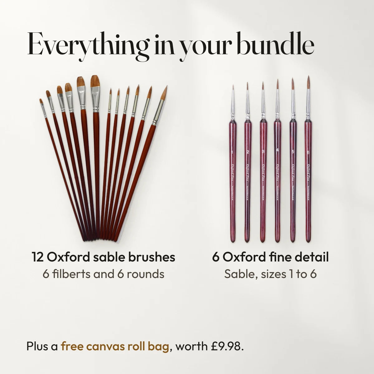 Everything in your bundle: 12 Oxford sable brushes, 6 filberts and 6 rounds; 6 Oxford fine detail, sable, sizes 1 to 6. Plus a free canvas roll bag, worth £9.98.