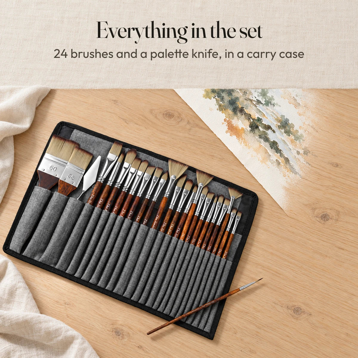 Everything in the set: 24 brushes and a palette knife, in a carry case.