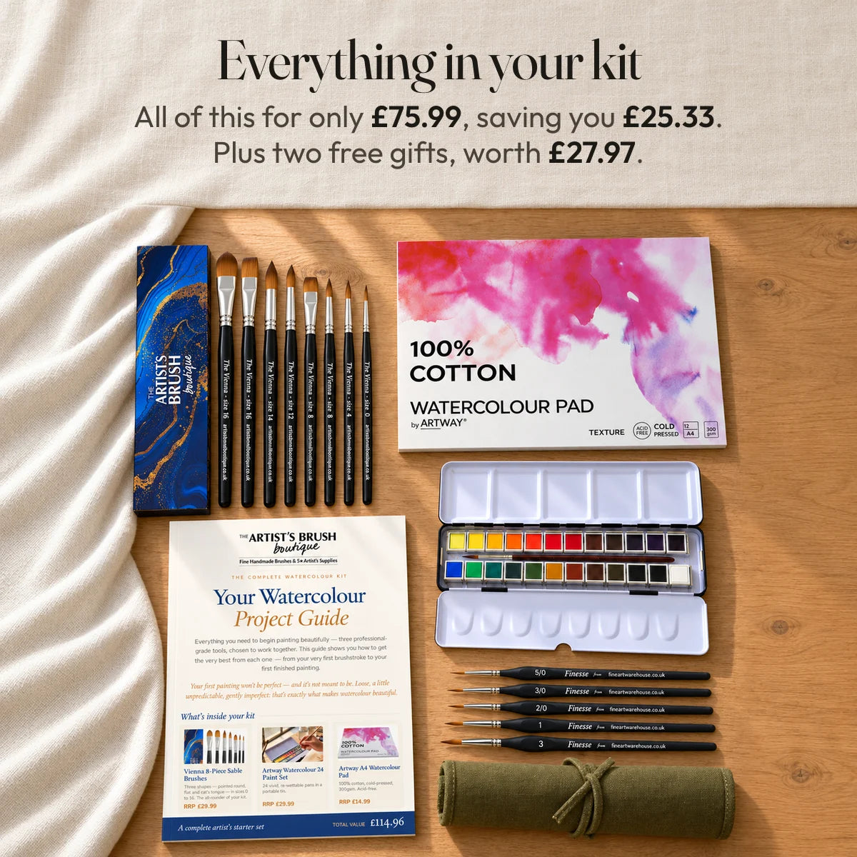 Everything in your kit: 8 Vienna sable brushes, 24 paints, an A4 cotton pad and your guide. All of this for only £75.99, saving you £25.33. Plus two free gifts, worth £27.97.