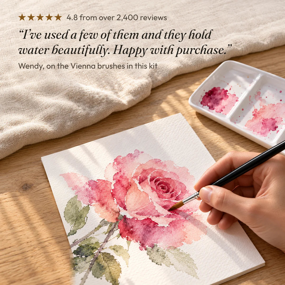 4.8 from over 2,400 reviews. “I’ve used a few of them and they hold water beautifully. Happy with purchase.” Wendy, on the Vienna brushes in this kit.